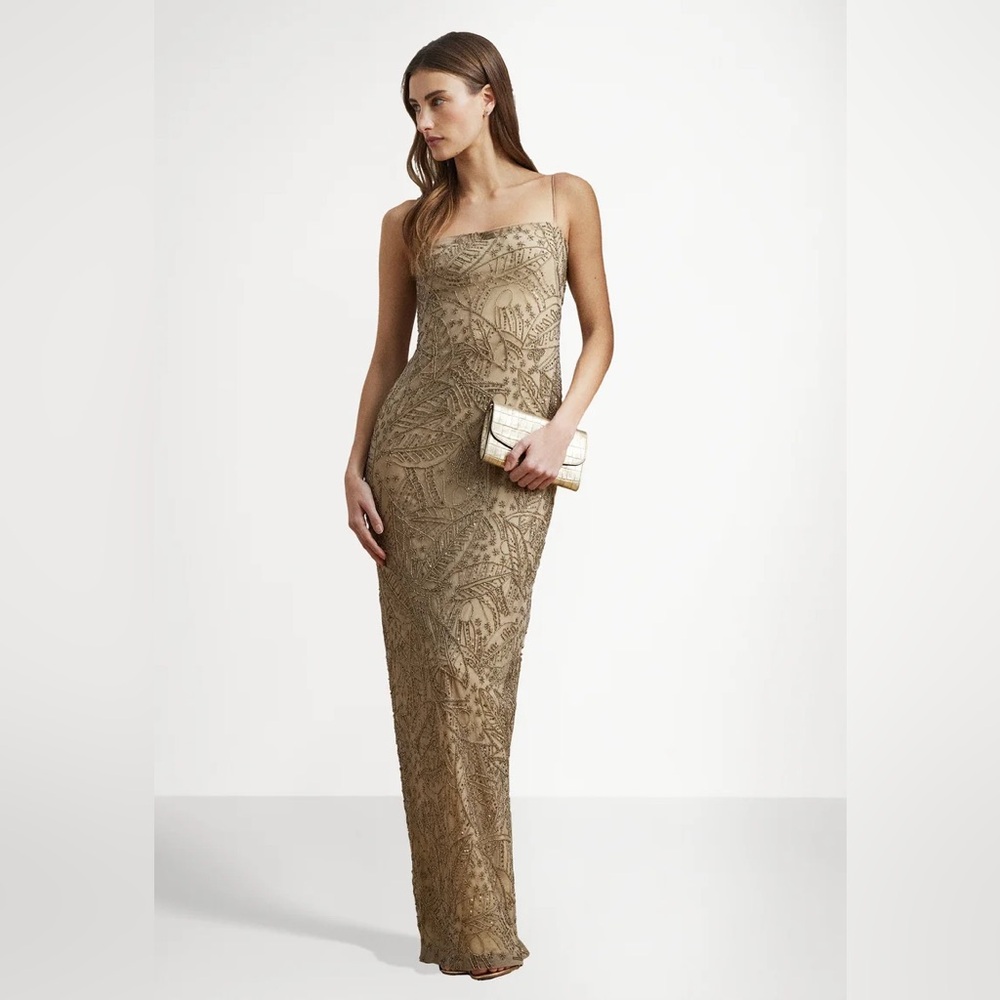 Lauren Ralph Lauren Mesh Beaded Palm Print Square Neck Sleeveless Column Gown